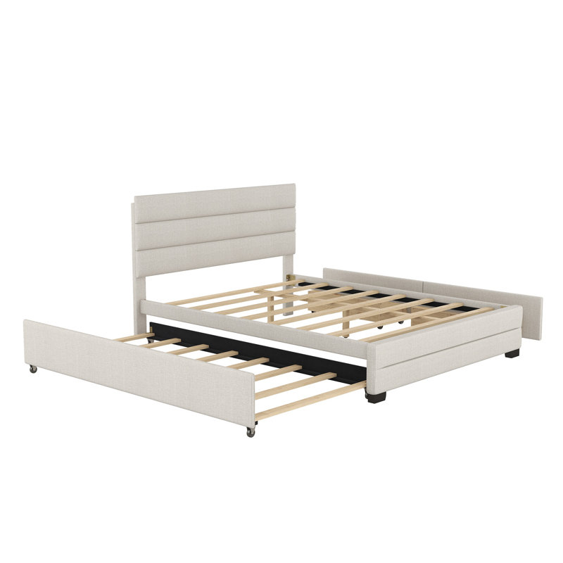 Grand lit plateforme tapissier avec lit gigogne et 2 tiroirs de rangement, beige