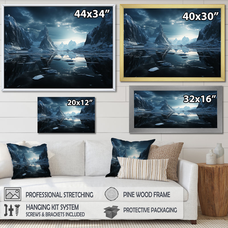 Teal Iceberg Silent Profondeurs - reproduction sur toile, H 34 po x l 44 po x P 1,5 po, Cadre flottant doré