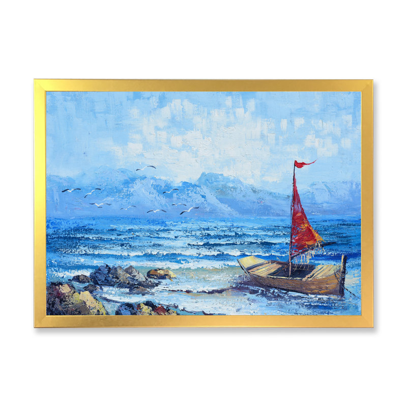 Voilier rouge sur un océan bleu - reproduction sur toile, H 16 po x l 32 po, Toile à cadre d'angle fermé doré