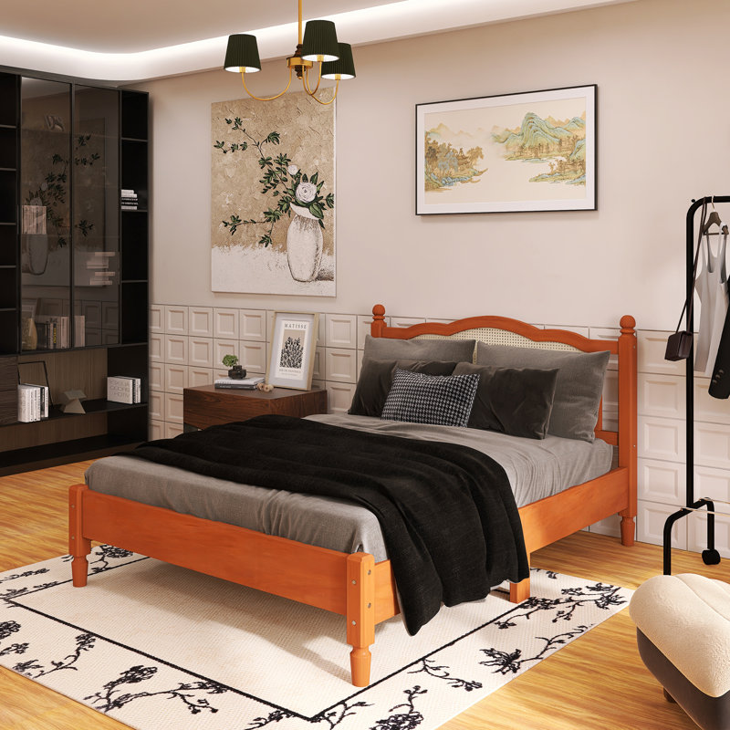 Grand lit plateforme en bois avec tête de lit en rotin et support en lattes de bois, Grand lit, Noyer