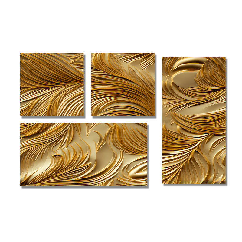 Golden Feathers Serenity IV - grandes plumes, impressions sur toile 4 pièces, Toile tendue, Ne s’applique pas