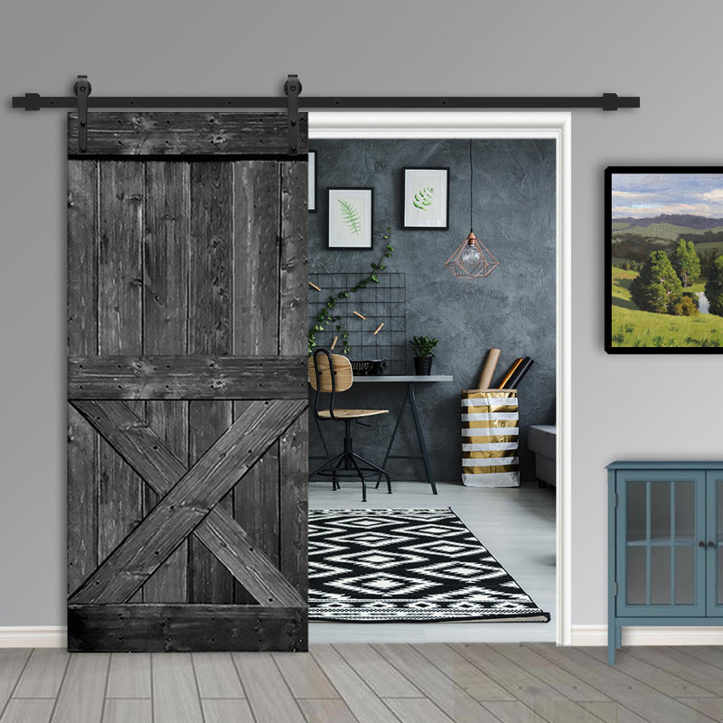 Porte de grange à panneaux avec quincaillerie d'installation, 36 po x 84 po, Gris anthracite, Noir mat