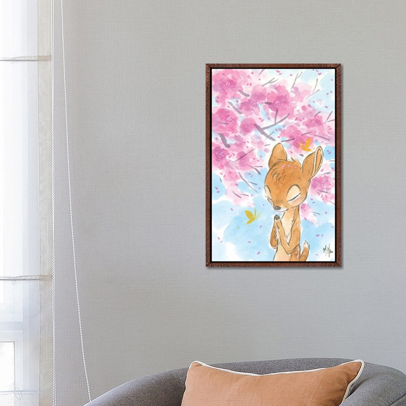 Cherry Blossom Fawn by Martin Hsu - Painting on Canvas, 66.04 cm H x 45.72 cm W, Classic Brown Wood Framed