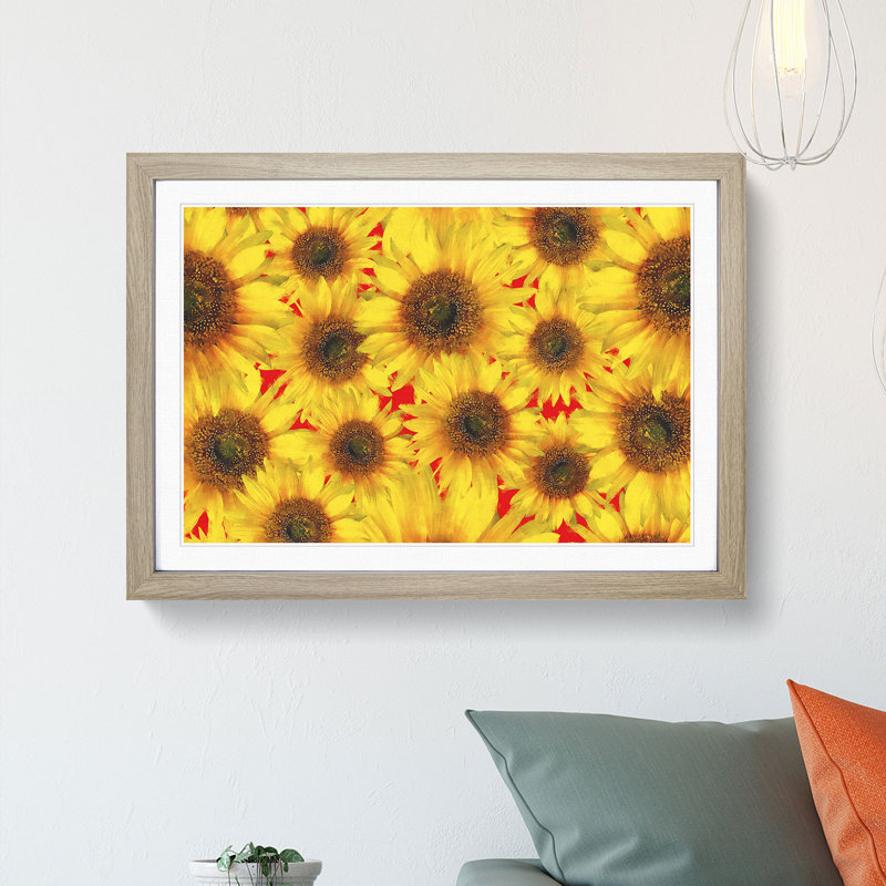 Wall of Yellow Sunflowers - Picture Frame Graphic Art Print, 45cm H x 63cm W x 2cm D, Oak Framed