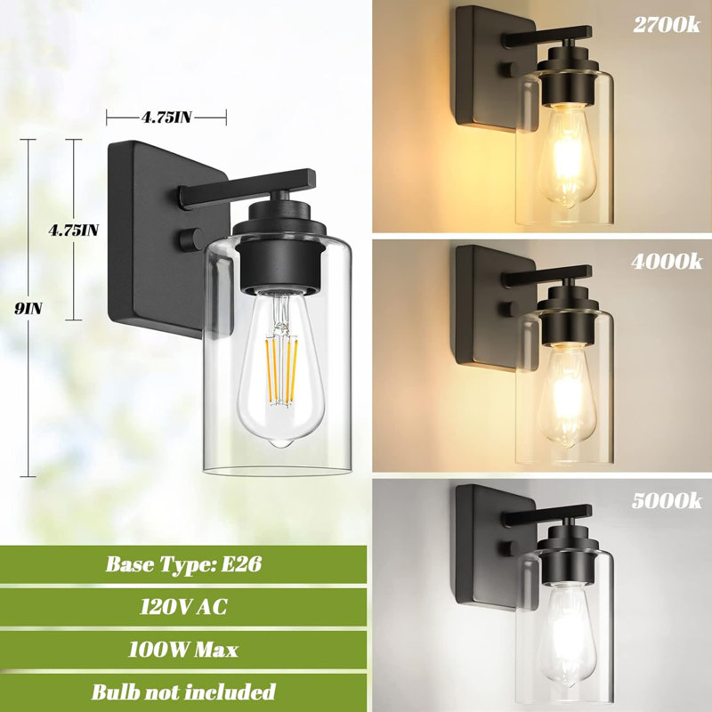 Black Metal Vanity Wall Sconce with Clear Glass Shade