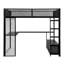 Lit mezzanine de jeu noir en métal pleine grandeur avec rangement à DEL, bureau, garde-robe ouverte et 3 tiroirs en lin - garde-robe à DEL multicolore, rangement compact, rangement généreux, assemblage facile