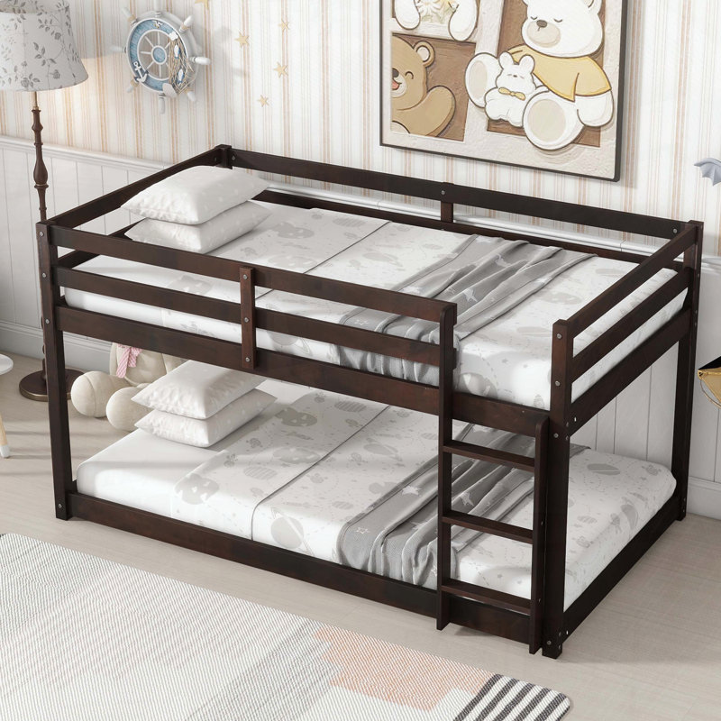 Twin Over Twin Rubber Wood Floor Bunk Bed with Ladder (Upper Slats Only), Espresso