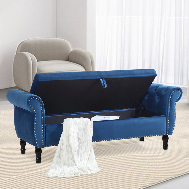 Tabouret de rangement en velours de 63 po avec coussin Fotina, Bleu