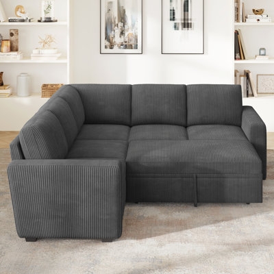 Hoelscher L-shaped Sleeper Sectional Upholstered Sofa Bed With Storage Space Corduroy Dark Gray