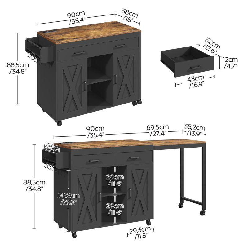 62.8"Farmhouse Kitchen Island with Extendable Dining Table and Outlets & Switch, 2 Drawers and 2 Doors Cabinet For Kitchen