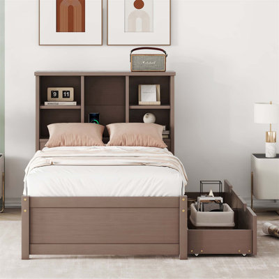 Structure de lit simple avec tête de lit bibliothèque et port USB intégré et tiroirs pratiques pour plus de confort et de rangement