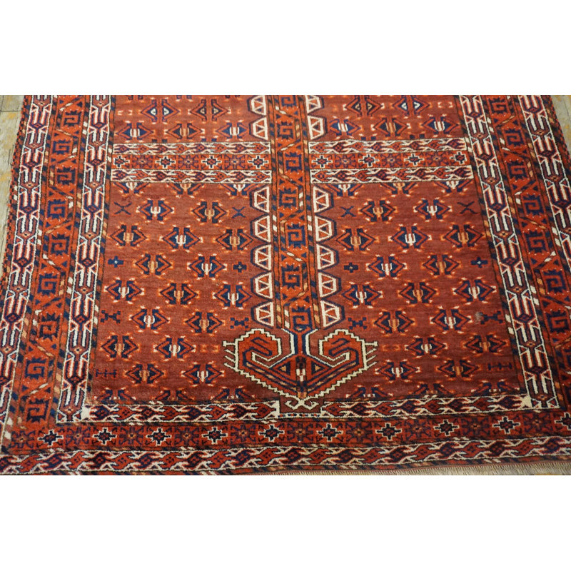 Red Tribal Antique Turkmen Engsi Allover Hand Knotted Square Central Asian Rug