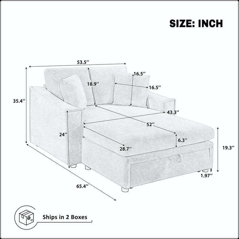 Canapé-lit 65,4 po avec rangement caché - Velours flocon de neige, Beige