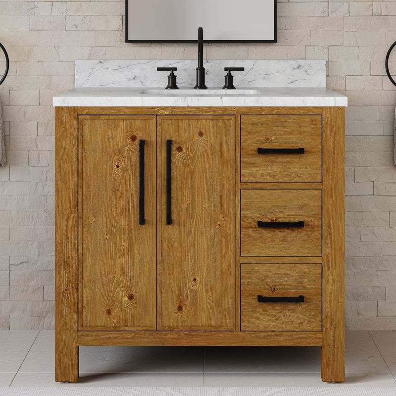 Meuble-lavabo autoportant en chêne Sierra de 60 po avec plateau en marbre blanc de Carrare Lattimore (assemblé), 60"