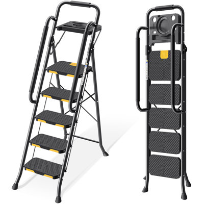 5 Step Stool,Metal Ladder,Folding Step Ladder with Tool Platform,Library Ladder,Decorative Kitchen Step Ladder