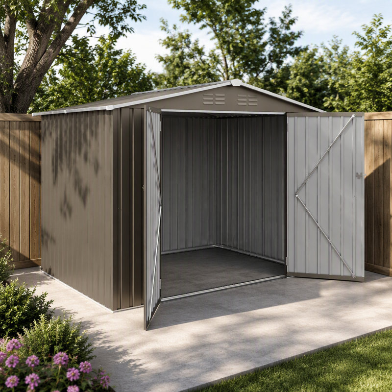 Abri de jardin en acier galvanisé gris olive de 2,4 m × 1,8 m, avec double porte verrouillable et aérations intégrées pour le rangement du matériel de jardin.