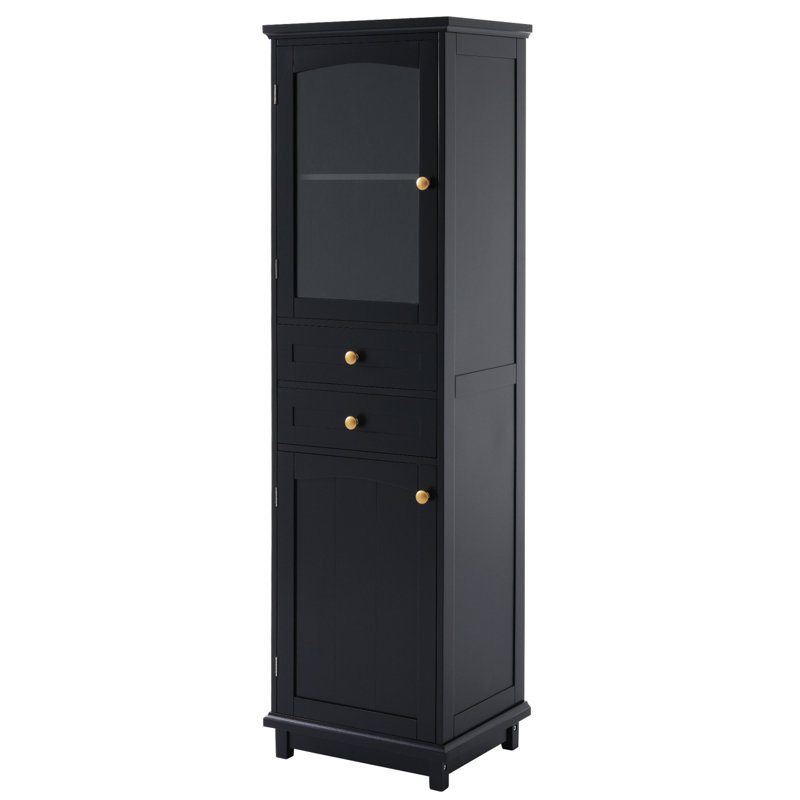 63" Tall Bathroom Storage Cabinet with Glass Doors, Freestanding, 2 Drawers, Adjustable Shelves, MDF, Matte Black