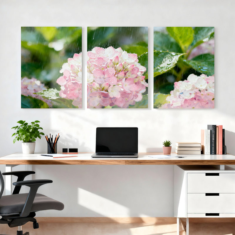 «Rose hortensia rose sous la pluie», art mural tendu sur toile, ensemble floral (ensemble de 3), H 18 po x l 36 po