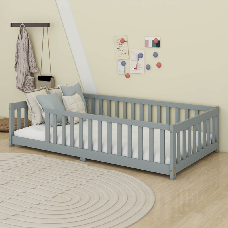 Lit simple pour enfants, lit simple avec clôture sans porte et barrières de sécurité, Grey