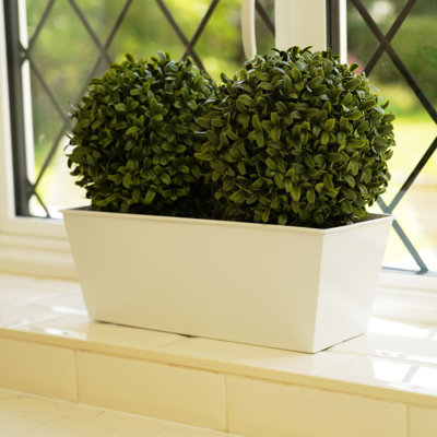GreenBrokers Artificial Double Ball Boxwood in Straight Black Tin Window Box 35cm/14in