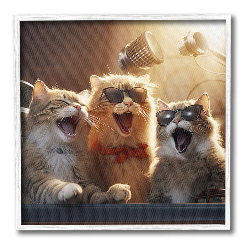 «Trendy Singing Cats», art de la giclée encadrée par Jim Baldwin, H 24 po x l 24 po, Giclée encadrée blanc bord de mer