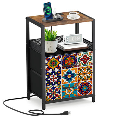 Mexican 2 Fabric Drawers Night Stand with Charging Station Colorful Floral Geometric Tile Mediterranean Bedroom Bedside Table End Table with Open Shelf USB Ports and Outlets