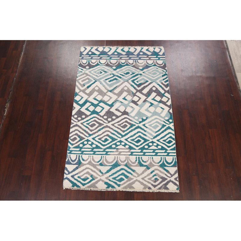 Tapis bleu / blanc / brun noué à la main de conception unique 5 pi x 7 pi 11 po New Age