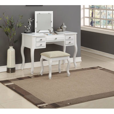Classic Vanity Set w Stool White Color Drawers Open-up Mirror Bedroom Furniture Unique Legs Cushion Seat Stool Vanity