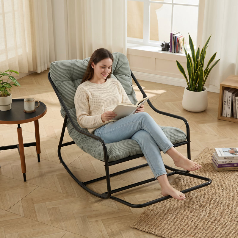 Chaise berçante d'intérieur / d'extérieur avec accoudoirs courbés, chaise berçante d'appoint à coussin épais pour le salon, la chambre à coucher, le balcon, le porche