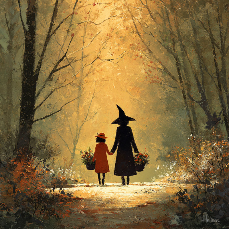 «Autumn Stroll with Little Witch», art mural sur toile tendue, H 12 po x l 12 po