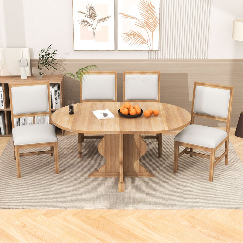 Ensemble de salle à manger de ferme 5 pièces avec table extensible et 4 chaises rembourrées pour la salle à manger, Naturel