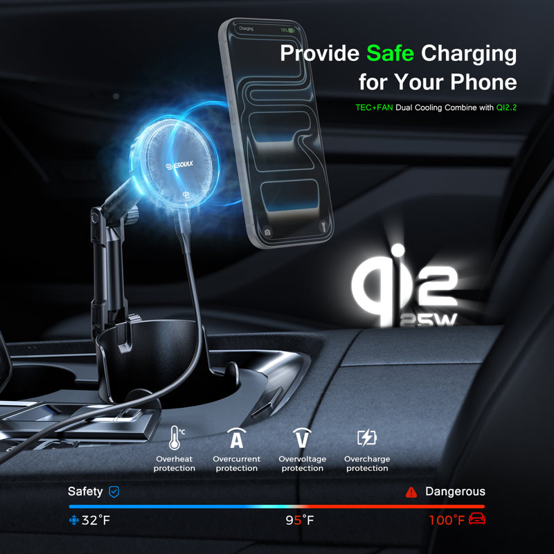 Esoulk Magnetic Wireless Car Charger Cup Holder Mount for iPhone 17 Pro Max