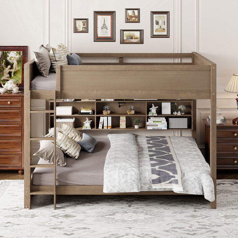Bunk Bed With Storage Shelves And Usb Charging On Side, Natural