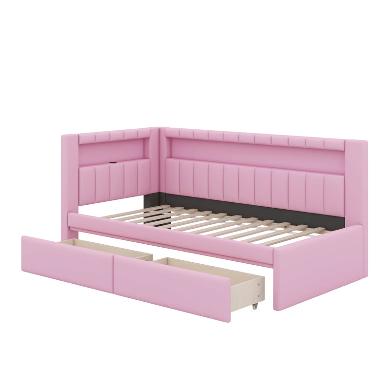 Lit plateforme tapissier simple avec ports USB et 2 tiroirs, Rose