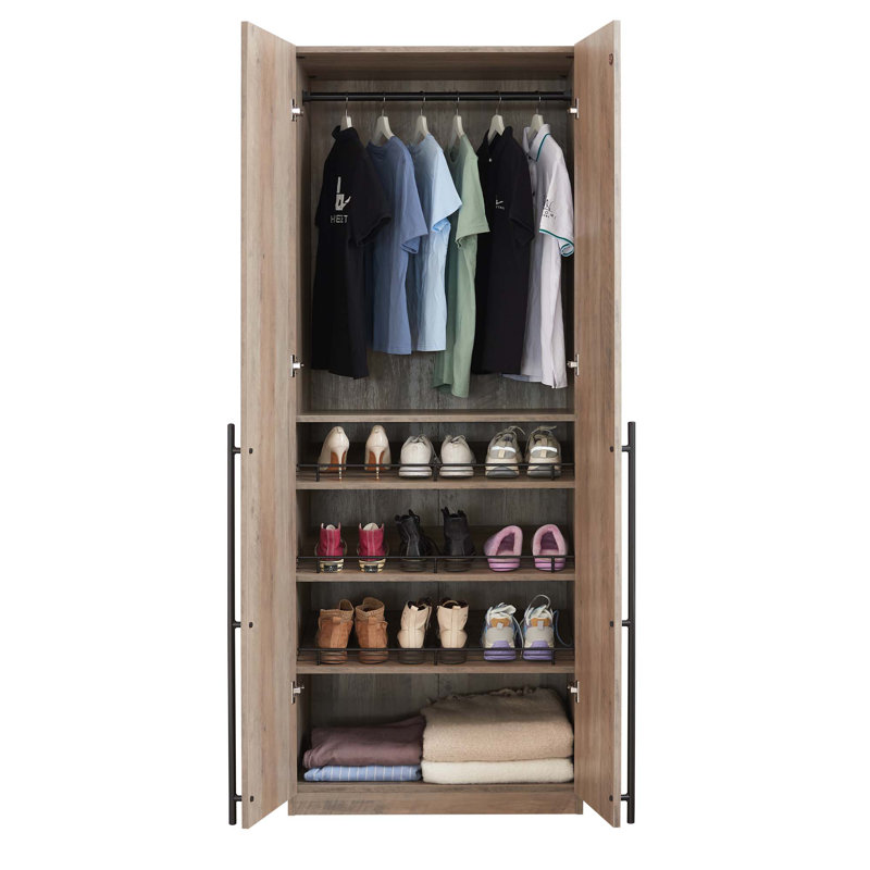 Armoire-penderie autoportante moderne Lee avec 1 tringle, 3 tablettes à chaussures et 1 tablette de base en gris rustique