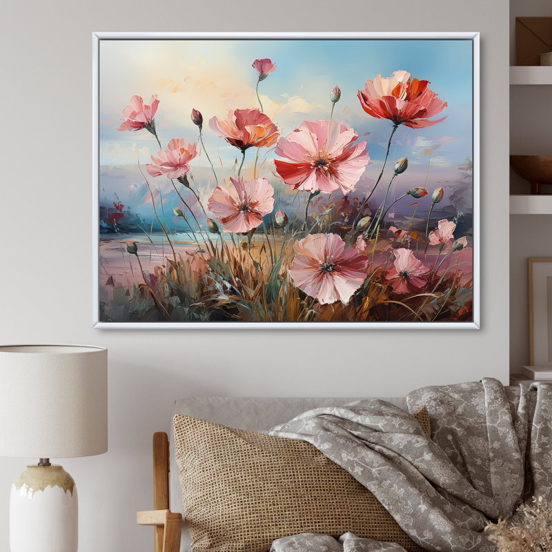 Œillets mauves, charme de campagne III sur toile, Cadre flottant blanc, H 34 po x l 44 po x P 1,5 po