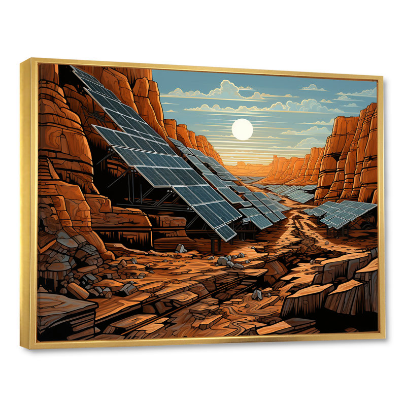 Orange Desert Solar Panels Field - Panneaux solaires, art mural, H 30 po x l 40 po x P 1,5 po, Cadre flottant doré