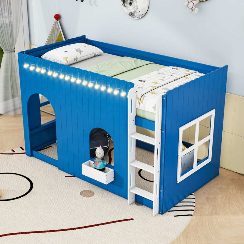 Charmant lit mezzanine avec éclairage à DEL intégré et espace de jeu inférieur, Lit simple, Bleu Klein