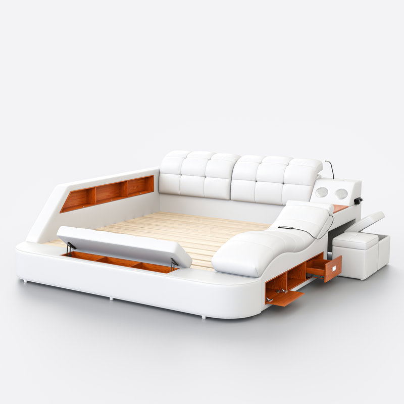 Multi-Functional Bed, Solid Wood Frame and Faux Leather Upholstery, Remote-Controlled Massage Recliner on the Right, Modern LED Lights, Bluetooth Speakers, USB Charging Ports, Adjustable Backrest