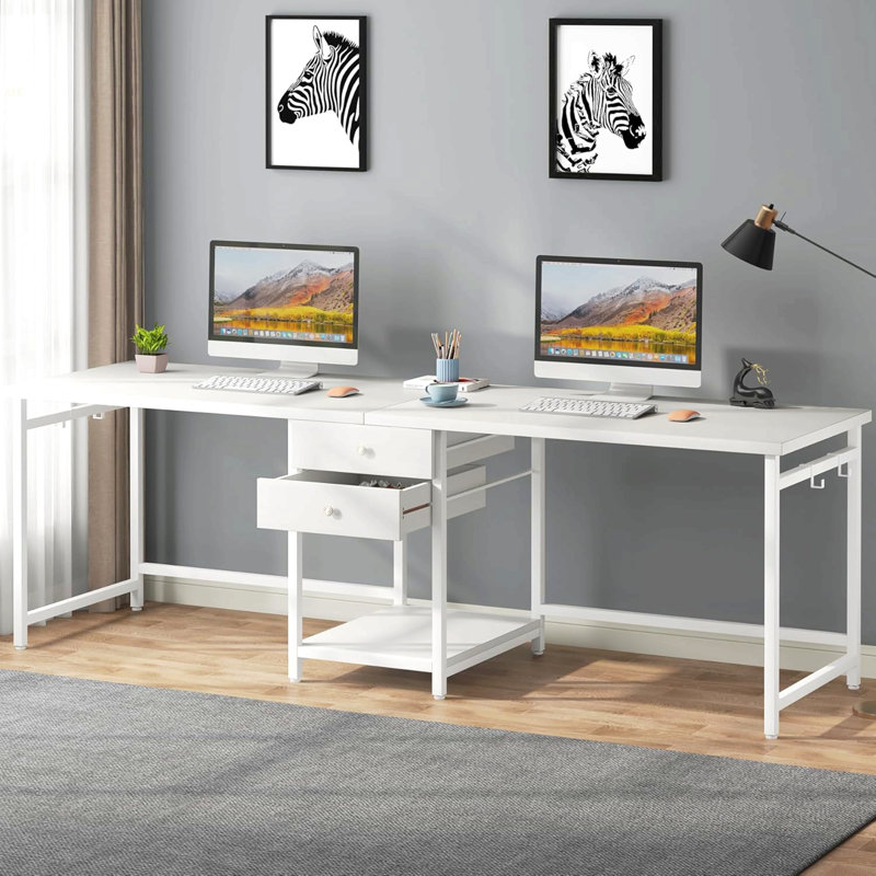 Bureau d'ordinateur 79 pouces pour deux personnes avec tiroirs et tablettes de rangement, table de travail double extra longue avec crochets, bureau d'écriture industriel pour bureau personnel, blanc