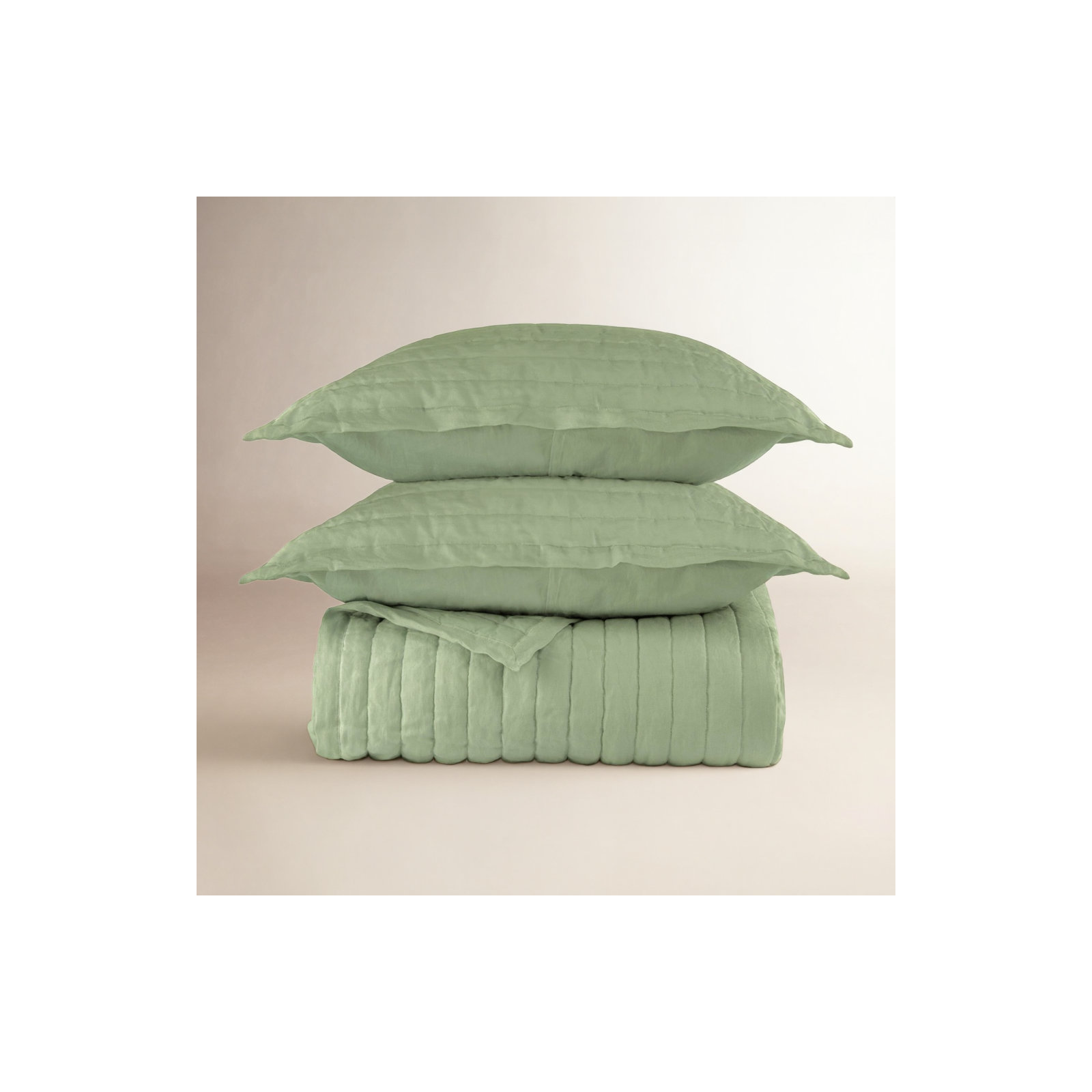 French Linen Channel Stitch Quilt & Sham Set - King/Cal King - Matcha, Matcha, Queen Quilt + 2 Standard Shams