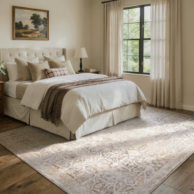 Vintage Tribal Cashmere Washable Beige Area Rug - Soft Oriental Distressed Design for Living Room, Bedroom, or Study Decor