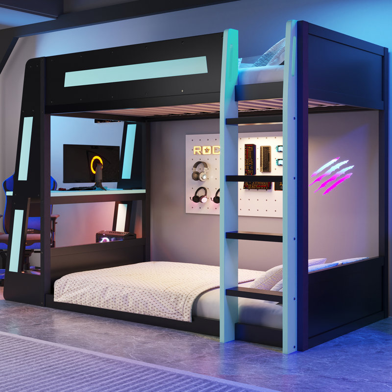Twin Size Wooden Gaming Bunk Bed with Desk, 2 Storage Shelves, USB Ports & LED Light, Black and Blue, Twin over Twin