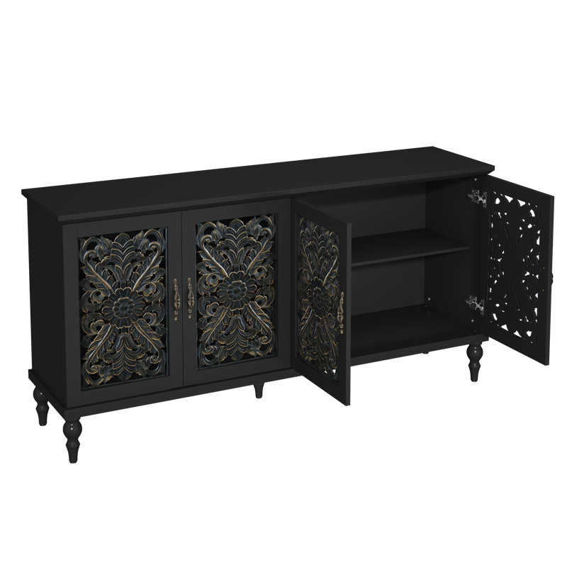 62" Vintage Buffet Cabinet with Adjustable Shelves and 4 Doors, Sideboard with Hollow Carved , Black