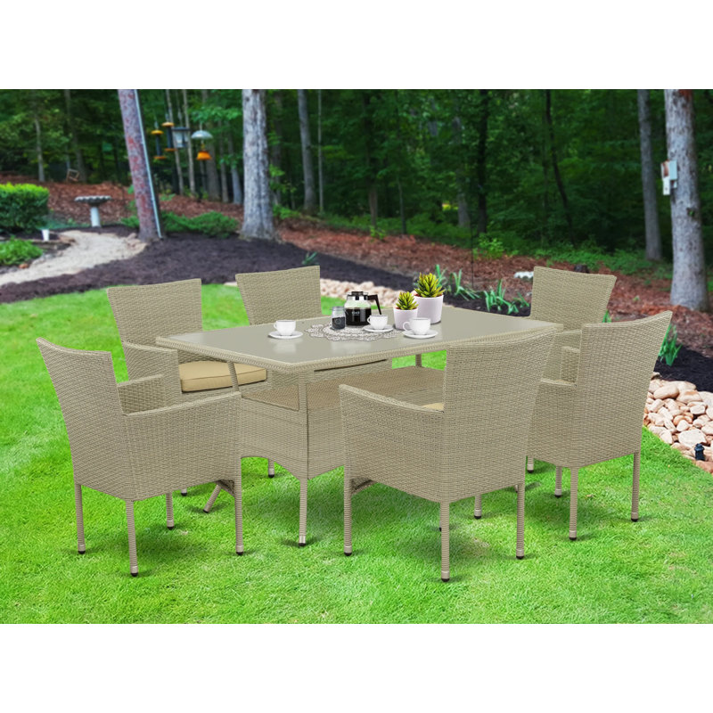 Ensemble de 7 meubles d'extérieur en osier comprenant une table de salle à manger rectangulaire avec plateau en verre et 6 fauteuils de jardin avec coussin, lin naturel