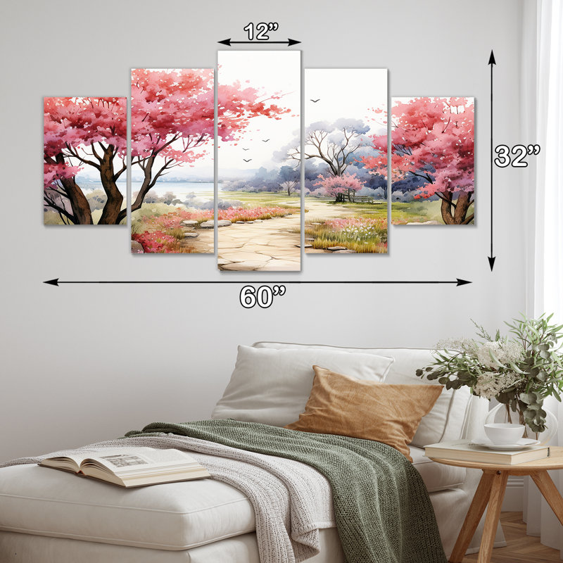 Route de campagne entre les fleurs de cerisier - campagne, art mural sur toile 5 pièces, H 32 po x l 60 po