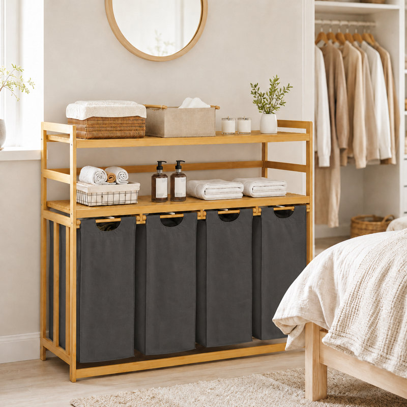 Panier à linge et tablette de rangement en bambou avec panier à linge à 4 compartiments, Gris foncé, 200L - 2-Tier