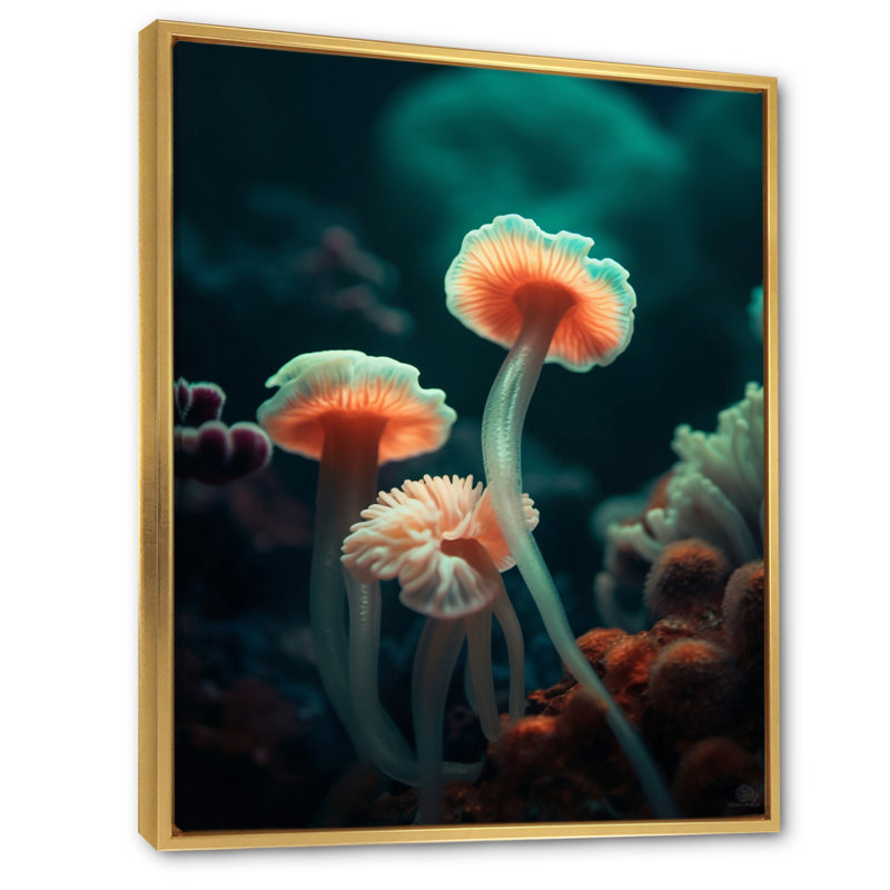 «Beautiful Deep Deep Sea Anemones» en rose et bleu sur toile, H 32 po x l 16 po x P 1 po, Cadre flottant doré