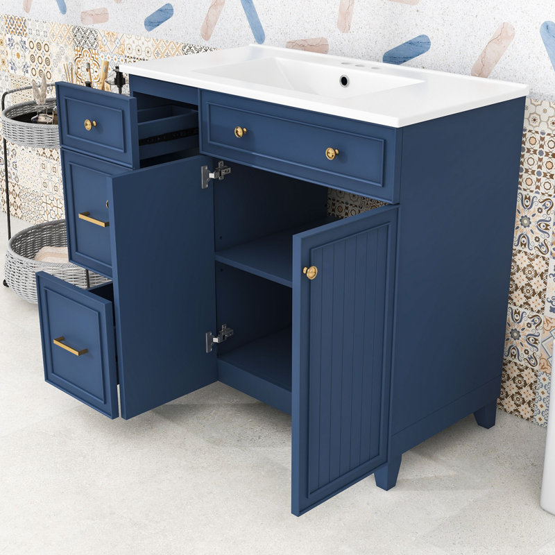 Meuble-lavabo de salle de bain avec 2 tiroirs, 1 tablette de rangement réglable et 2 portes, Marine