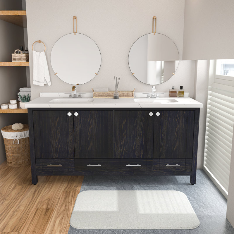 Edlefsen 71'' Double Bathroom Vanity with Engineered Marble Top, Dark Blue